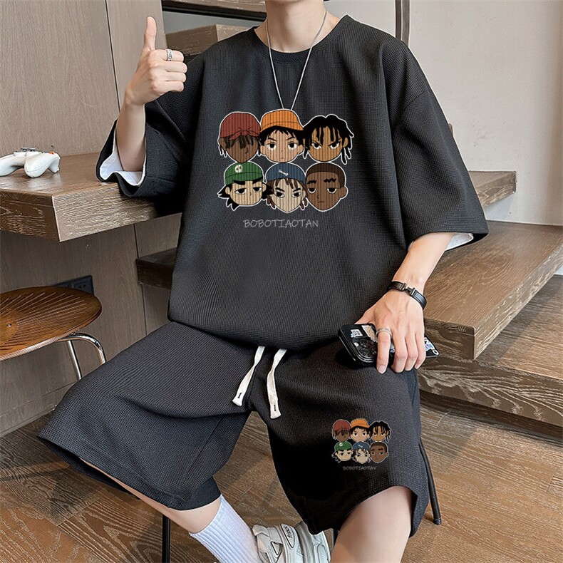 青少年夏季套装男士冰丝华夫格短袖t恤休闲运动短裤搭配帅气一套,男装牛仔裤,星座1904A-1
