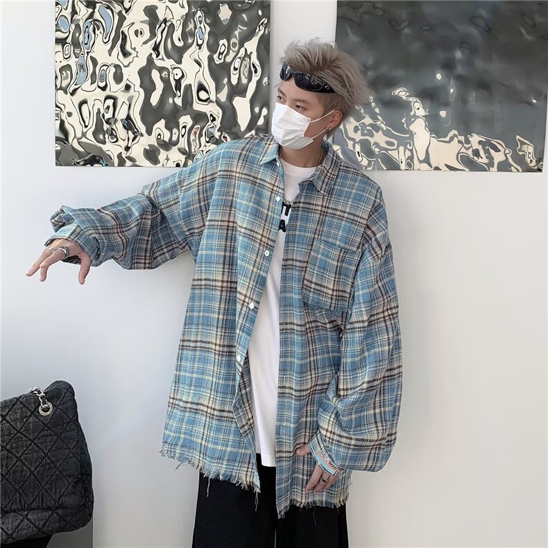 复古蓝色格子衬衫男女宽松慵懒风潮牌休闲百搭外套潮W1379/P54,男装衬衫,星座506