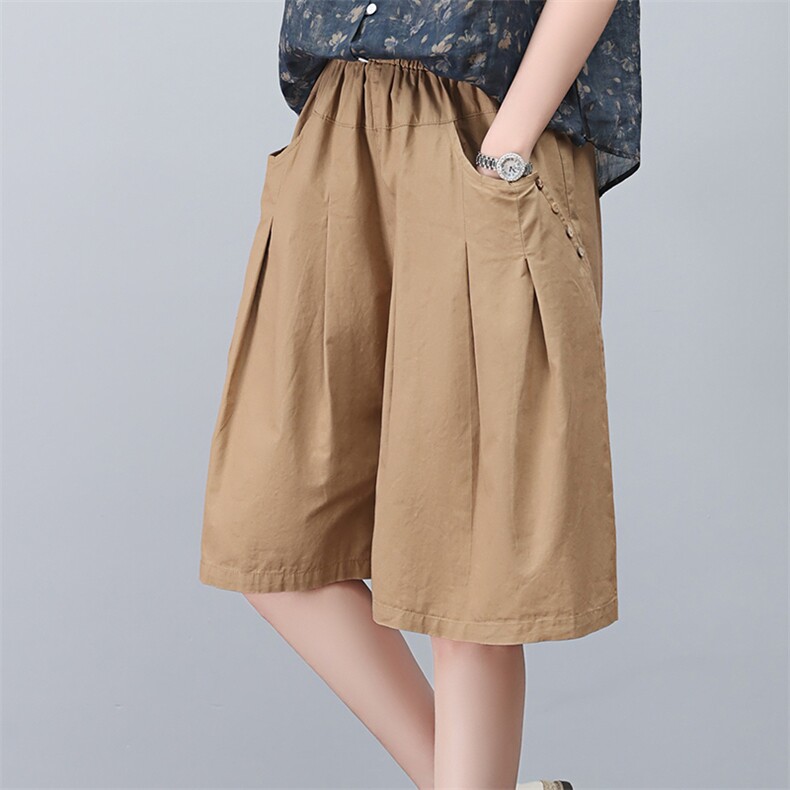 木瓜牛奶女装夏季新款时尚纯棉宽松阔腿时尚休闲裤大码松紧，女装短裤/热裤，忆绮罗