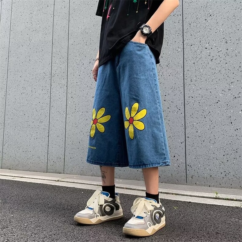 美式高街复古花朵刺绣牛仔短裤男女直筒阔腿休闲百搭夏季七分裤子,男装牛仔裤,星座1013