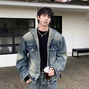 短款美式复古连帽做旧水洗牛仔外套男宽松休闲工装夹克上衣 J44图片