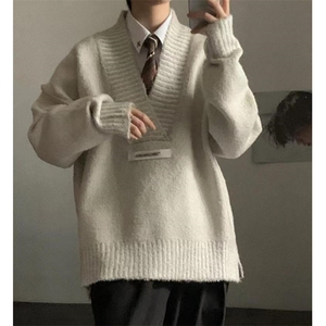 杏色V领毛衣男美式高级感情侣针织衫复古慵懒风低领外套 MY38图片