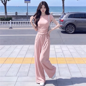 慵懒风时尚休闲套装女夏季新款高级感圆领短袖上衣阔腿长裤两件套图片