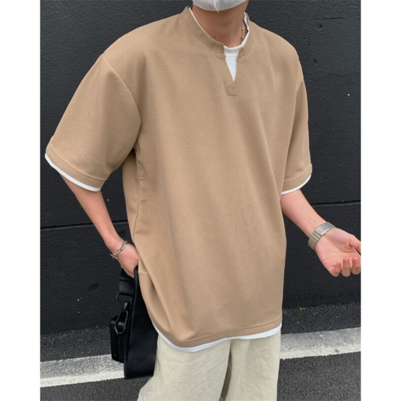 2026夏大码假两件华夫格五分短袖T恤潮流宽松T6601/特P25卡其5,男装T恤,电商A094