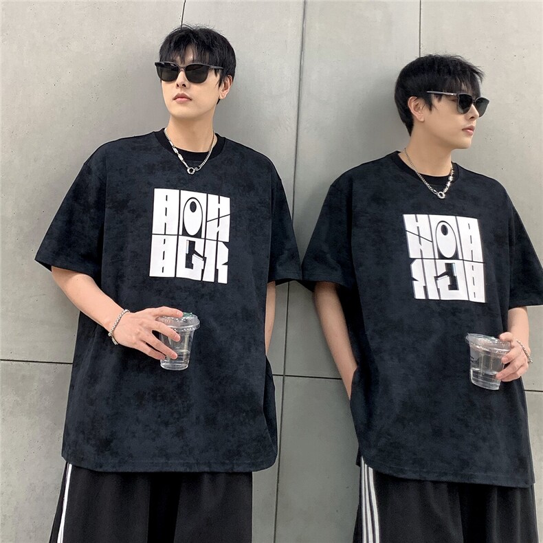 美式重磅340克蜡染复古水洗做旧宽松印花短袖T恤男潮T708-P30，男装T恤，电商C307A