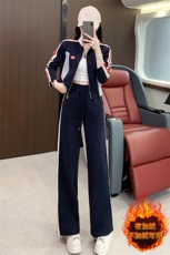 女秋冬修身显瘦拼色立领开衫上衣阔腿裤两件套，女装套装/套裙，江南