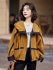 自留款推荐~撞色连帽短外套女2025春秋拼接时尚潮流休闲气质上衣，女装短外套，靓衣阁