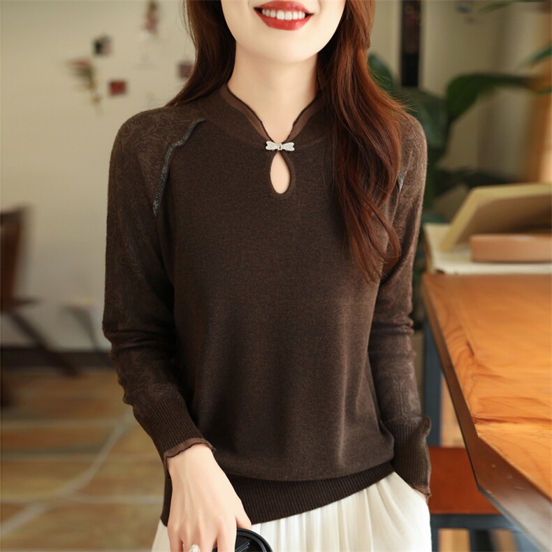 女立领提花长袖修身显瘦短款针织打底衫针织衫2024年秋季,针织衫/毛衣,暖娇绒包芯纱店