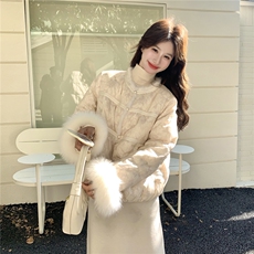 新中式风毛毛拼接设计羽绒服女2026冬季新款宽松白鸭绒保暖外套，女装羽绒服，2C218