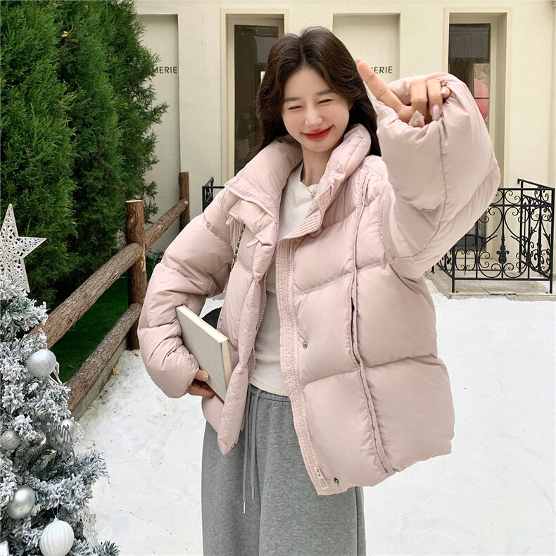 韩系粉色立领羽绒服女冬2025新款超火好看高级小众保暖加厚短外套,女装羽绒服,2B082