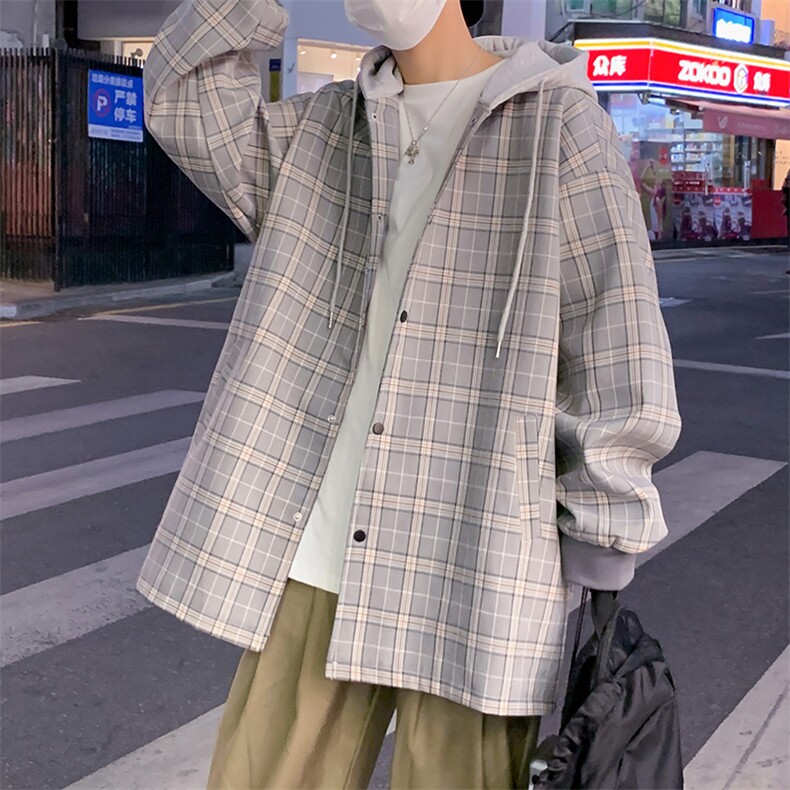 F6018/P80春装新款格子外套风衣男连帽宽松韩版中长款男上衣控118,男装风衣,电商A141