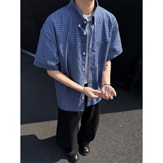 特批P30无差价夏季美式复古格子设计男潮流宽松短袖衬衫CD5495，男装衬衫，电商A001-1