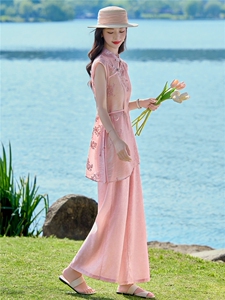 时尚洋气刺绣棉麻套装女2026夏季新款宽松遮肉衬衫领阔腿裤两件套图片
