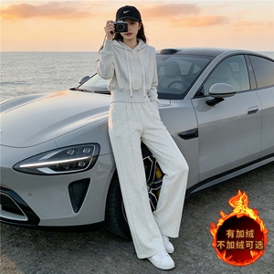 秋冬新款时尚穿搭减龄套装女收腰显瘦浅灰色连帽卫衣阔腿裤两件套图片