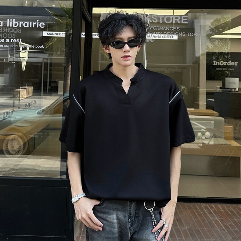 美式机车V领短袖T恤设计感T恤肩部拉链时尚设计短袖T恤半袖P48,男装T恤,电商B319