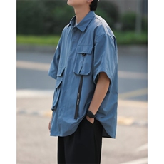 机能工装短袖衬衫男女山系街头宽松休闲翻领半袖黑色衬衣，男装衬衫，星座716-3