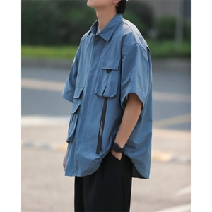 机能工装短袖衬衫男女山系街头宽松休闲翻领半袖黑色衬衣图片