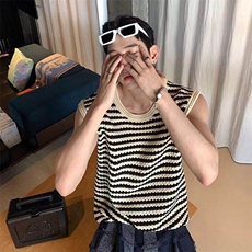 2025夏季小香风新款条纹镂空背心男无袖毛织背心BX6003，男装背心/马甲，星座1108