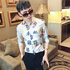 2021夏新款男社会风休闲衬衫修身七分袖发型师衬衣工作服D447，男装衬衫，星座419（原A233）