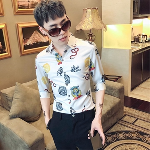 2021夏新款男社会风休闲衬衫修身七分袖发型师衬衣工作服D447图片