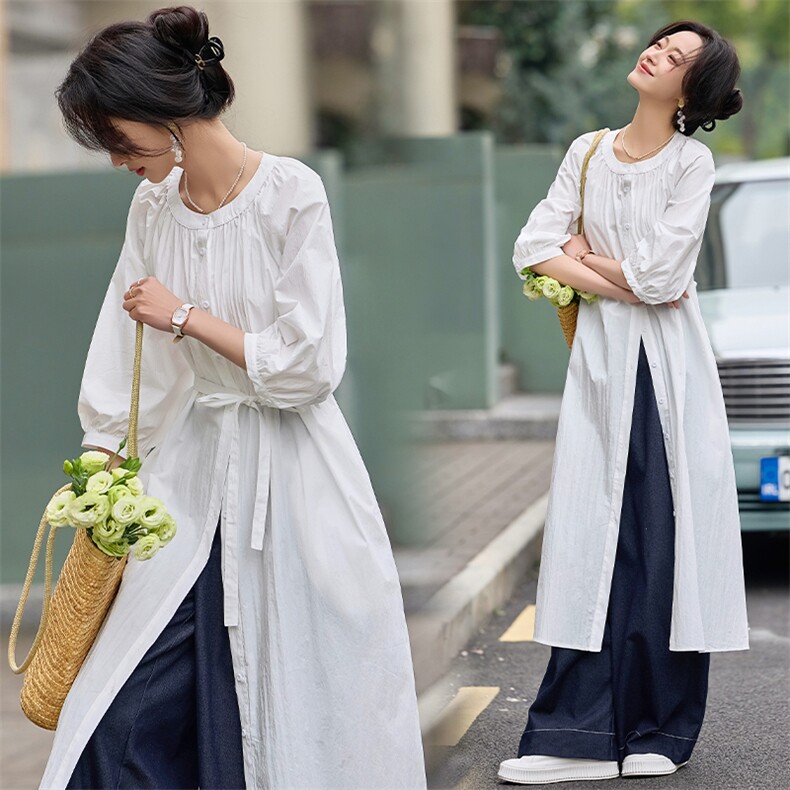2025年春季新款休闲时尚气质长款衬衣风衣连衣裙通勤两件套，女装套装/套裙，初闻兮