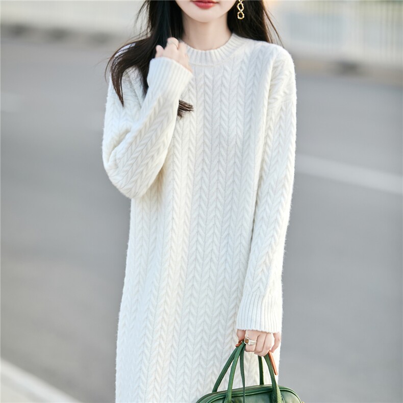 2025百搭时尚简约圆领麻花长袖羊毛长裙，女装连衣裙，蒙特羊绒