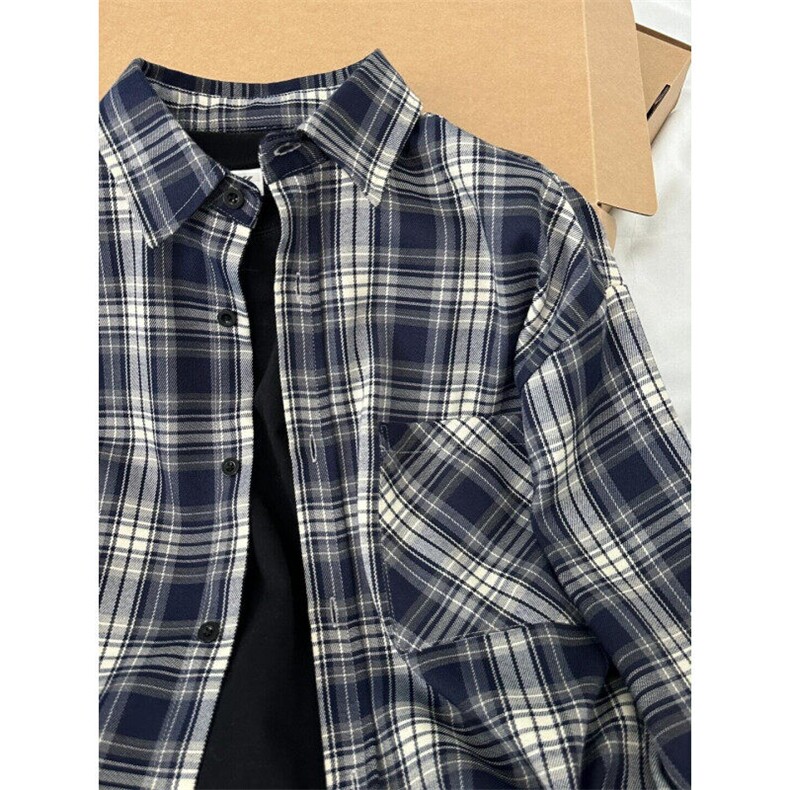 V3211HH-P38美式复古cleanfit藏青色格子衬衫男美式衬衣外套春季,男装衬衫,星座1007（原301D）