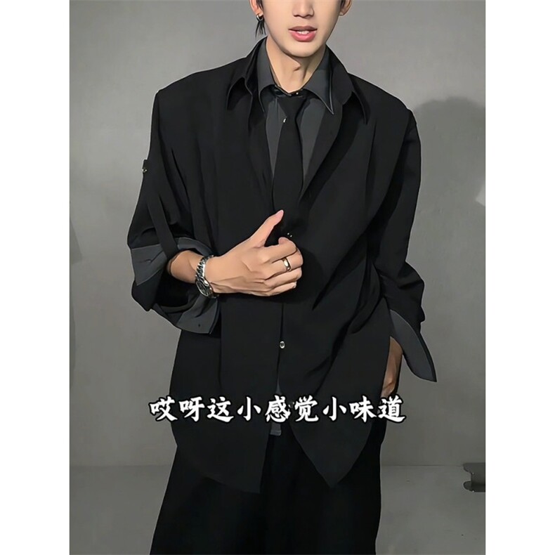 韩风穿搭黑色长袖衬衫男假两件拼接领带短款上衣513ACS2532P47,男装衬衫,星座513A