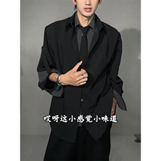 韩风穿搭黑色长袖衬衫男假两件拼接领带短款上衣513ACS2532P47，男装衬衫，星座513A