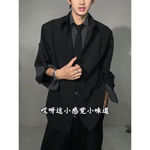 韩风穿搭黑色长袖衬衫男假两件拼接领带短款上衣513A CS2532 P47图片