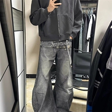 美式腰带印花牛仔裤男宽松慵懒松弛感镰刀裤潮牌廓形设计感阔腿裤，男装牛仔裤，四季星座505