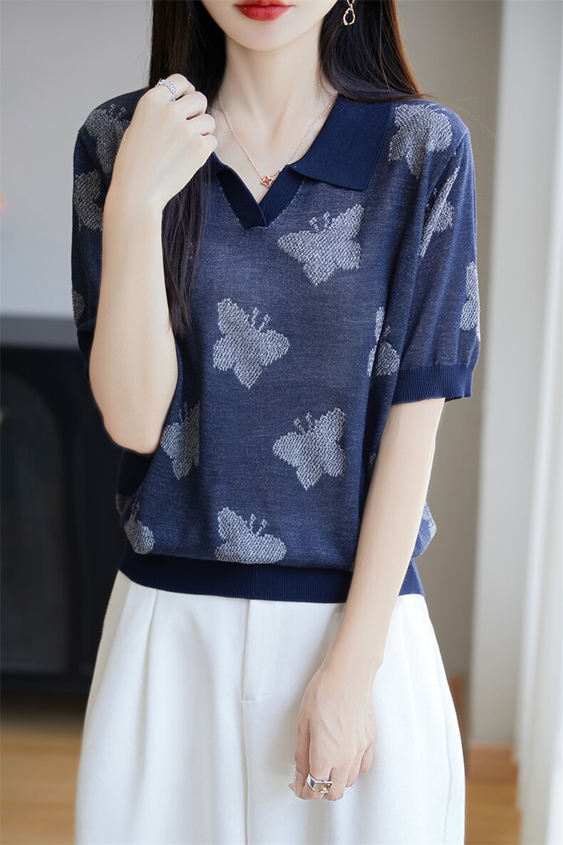 高级感莱赛尔针织POLO领提花短袖T恤女2025夏薄透气减龄小衫上衣,针织衫/毛衣,唐诺