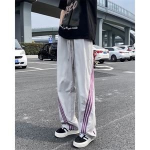 夏季新款条纹拼接男士薄款美式速干宽松休闲运动裤图片
