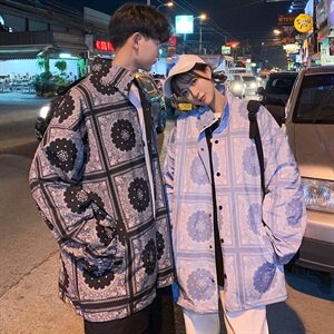 709-JK83-P100 2021春秋款 港风双面穿腰果花翻领夹克潮流嘻哈上衣图片