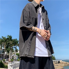 牛仔衬衫男女短袖夏季日系潮流复古宽松水洗五分袖衬衣S1353-P45，男装衬衫，星座1008