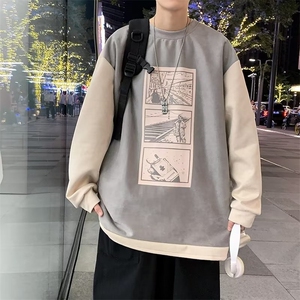 圆领oversize百搭外套秋季港风潮牌拼接麂皮绒卫衣男 W5918-P35图片