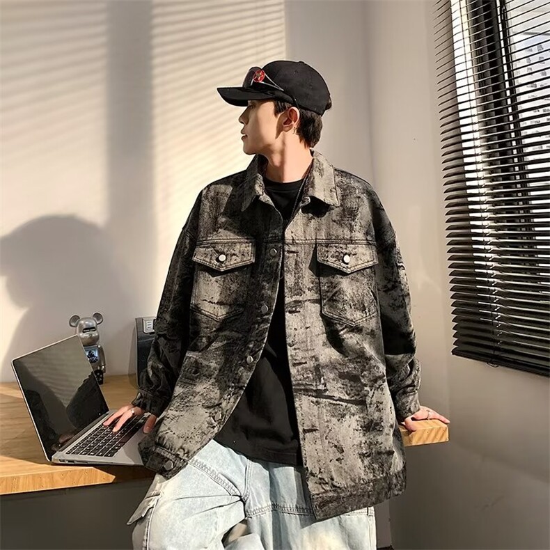 港风牛仔外套男春秋季新款潮牌痞帅上衣美式宽松翻领M2340-P70,男装工装外套,星座1109-3