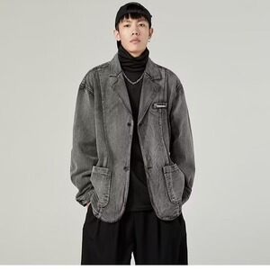 高街潮牌西装领牛仔夹克男女痞帅炸街复古牛仔休闲西装J675-P70图片