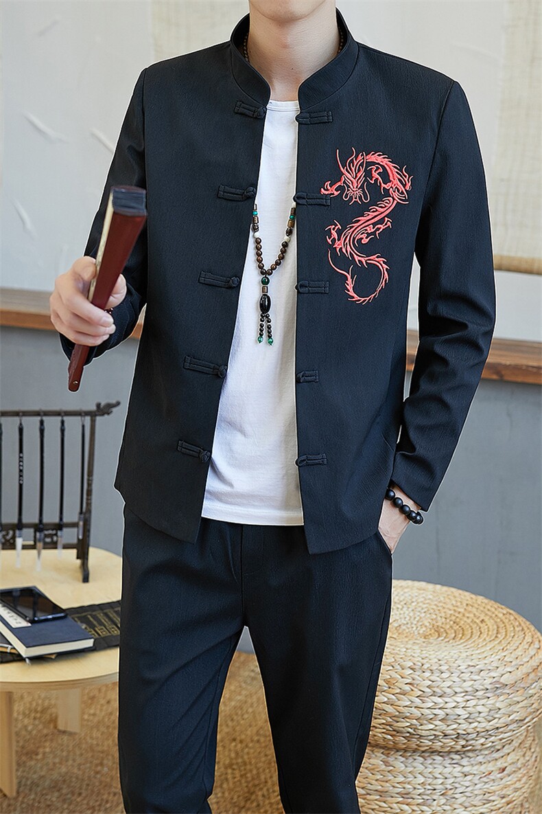 夹克套装男士修身立领一套衣服中国风刺绣休闲男两件套YK807-P100,男装夹克,星座509