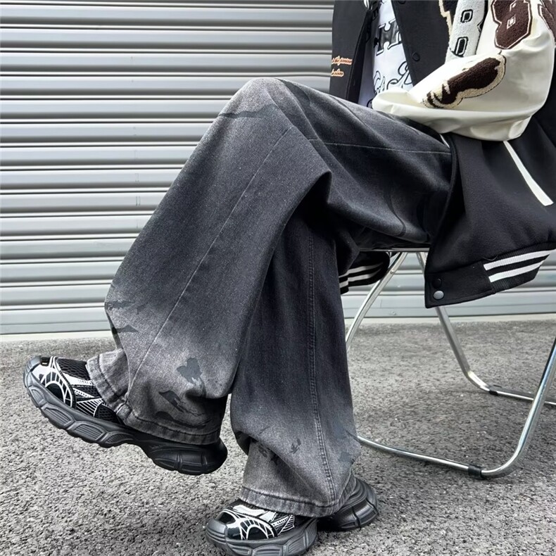 美式高街牛仔裤男韩版潮拼色个性阔腿2024冬季ins长裤RK1332-P49,男装牛仔裤,星座412-3