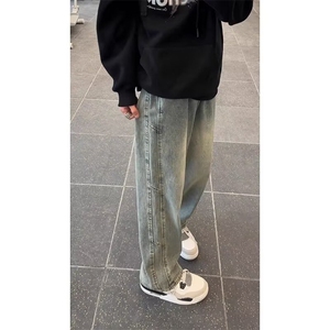 抽绳牛仔裤男美式vibe裤子男款阔腿宽松弯刀直筒微喇裤子NZA271图片