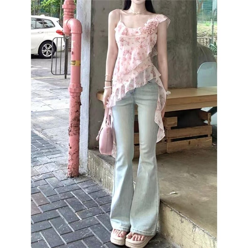 蜜桃芭比蕾丝拼接少女感微喇弹力牛仔裤女夏季高腰显瘦长裤子ins,男装牛仔裤,星座1210-1