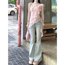 蜜桃芭比蕾丝拼接少女感微喇弹力牛仔裤女夏季高腰显瘦长裤子ins，男装牛仔裤，星座1210-1