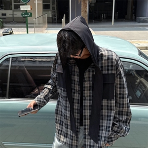 春夏新品原创小众设计感连帽系带长袖衬衫男士拼接格纹长袖衬衣潮图片