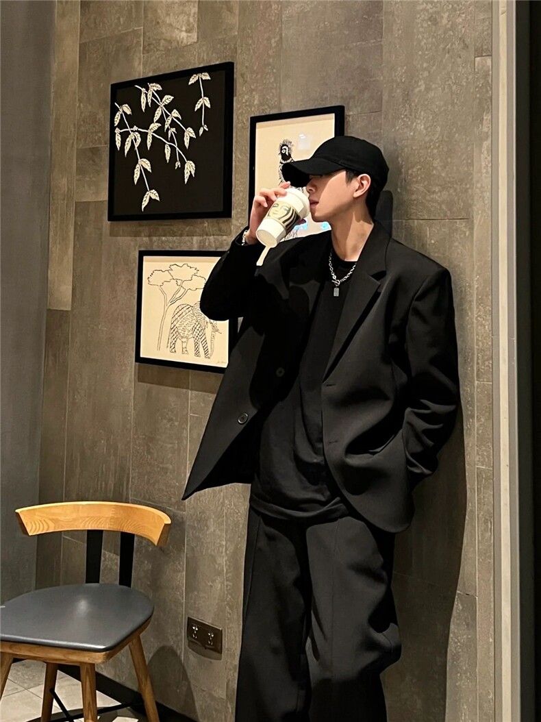 那不勒斯西服男英伦雅痞男装高级感美式垫肩黑色外套RF010-P75图片