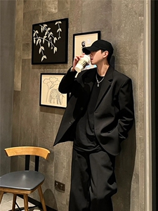 那不勒斯西服男英伦雅痞男装高级感美式垫肩黑色外套RF010-P75图片