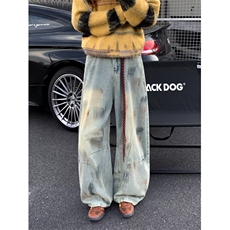 美式高街脏染做旧解构弯刀牛仔裤女秋季新款废土风宽松阔腿裤子潮，男装牛仔裤，星座813-2