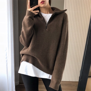 翻领拉链毛衣女慵懒风气质百搭款休闲显瘦针织衫图片