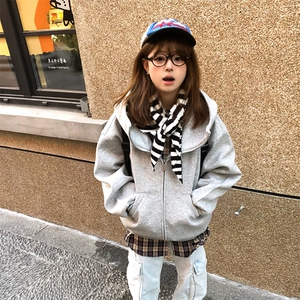 抖音得物高品质 26春装美式高街重磅宽松结构高领连帽卫衣外套W60图片