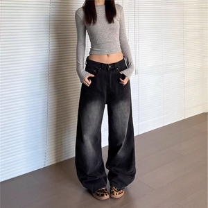 大码复古设计感裤子潮黑色直筒高腰宽松牛仔裤女秋季阔腿拖地长裤